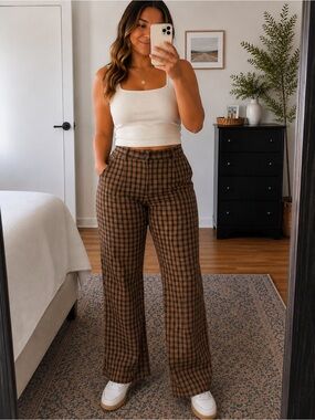 Women’s Brown Plaid Straight Leg Pants Size 14 Side Slit Hem Office Preppy